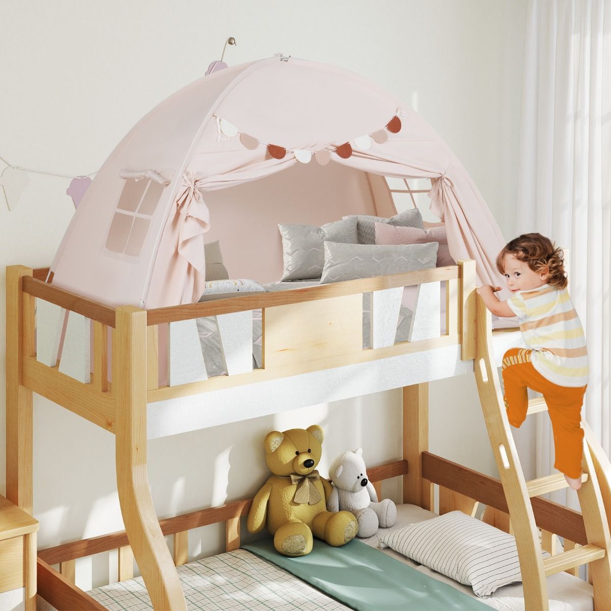 Coast Kinderzelt für zwei Personen – Zusammenklappbares Baldachinzelt – Mit Fenstern und Fahnenbanner – 201 x 100 x 122 cm – Beige