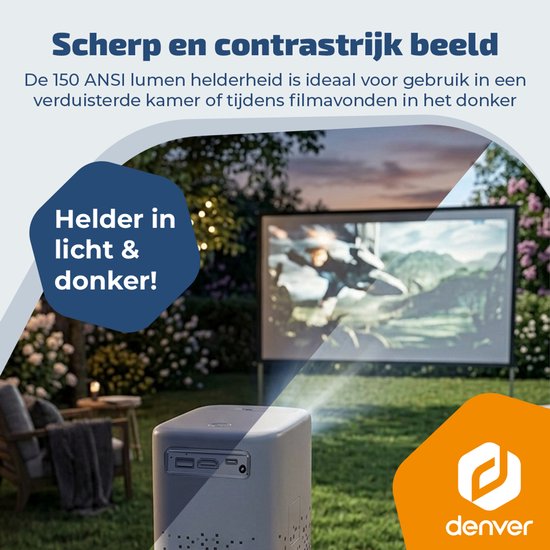 Denver tragbarer Beamer – 4K 3840 x 2160p – 150 ANSI-Lumen – Projektor – Integrierter Akku – Heimkino – HDMI – USB-C – PR4700