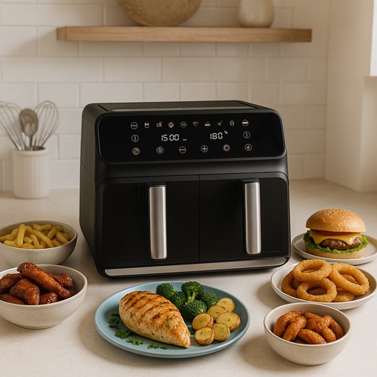 alpina Doppel-Airfryer XXL – Heißluftfritteuse 2x4 l – Airfryer mit digitalem Touchscreen – Heißluftofen für 6 Personen und mehr – 8 Kochprogramme – Sync-Modus – Timer-Funktion