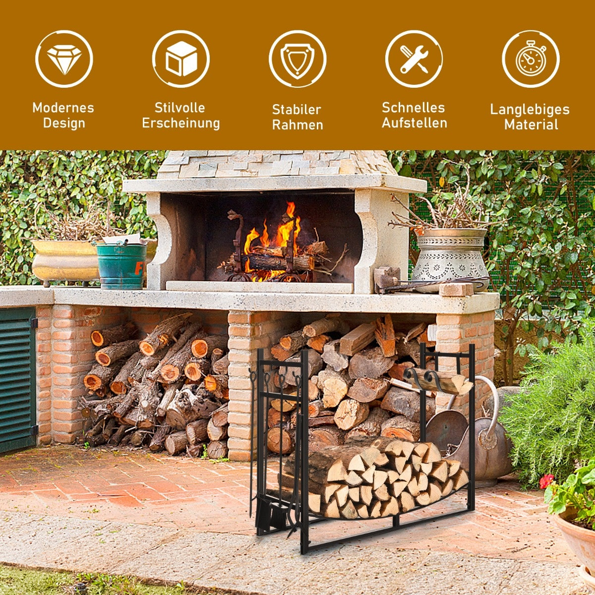 Coast Robustes Kaminholzregal & Werkzeugset mit Absage Holzbesitzer & Schaufel 91x33x76cm schwarz