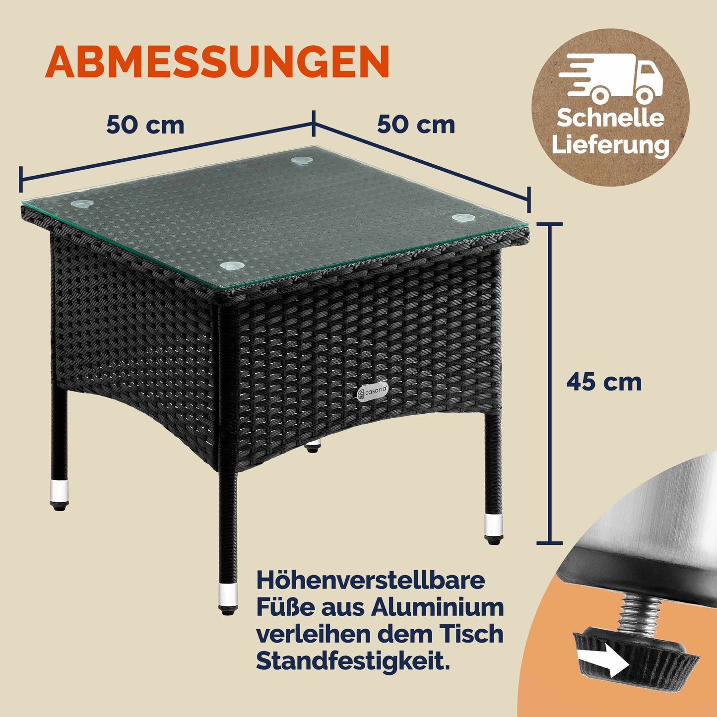 Casaria Beistelltisch aus Polyrotan, schwarz, 50 x 50 x 45 cm