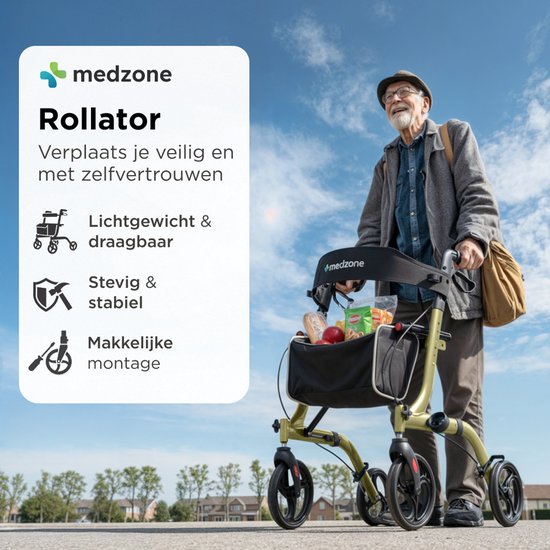 Medzone Rollator leicht und faltbar - Sitzfunktion - für drinnen und draußen - Rückenlehne und Gehstockhalterung - Champagner - Gold