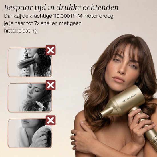 Sansbeauté® Haartrockner mit Diffusor – Locken – 110.000 U/min - Ionen-Haartrockner mit Bürste – 3 Stufen – 3 Aufsätze – Reisehaartrockner – Sèche Cheveux – Locken-Haartrockner-Set – Haartrockner mit Diffusor – Hair Blow Dryer – Friseur-Haartrockner – 200