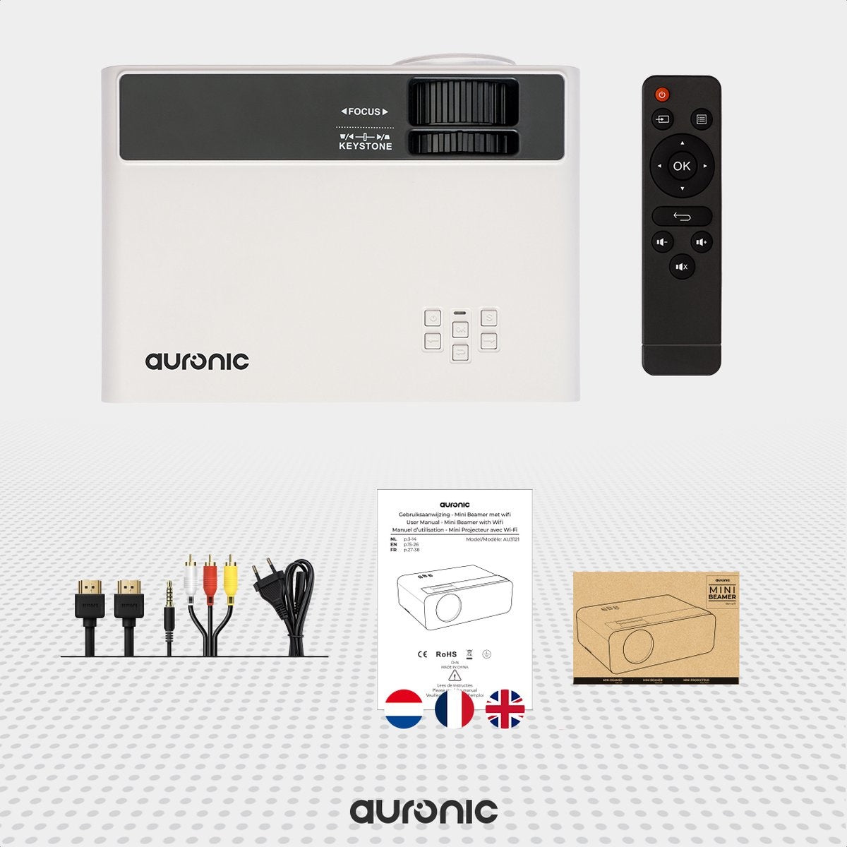 Auronic Mini Beamer - 4500 Lumen - WiFi - 200" Projektion - Full HD - HDMI, Fernbedienung und Tragetasche - Weiß