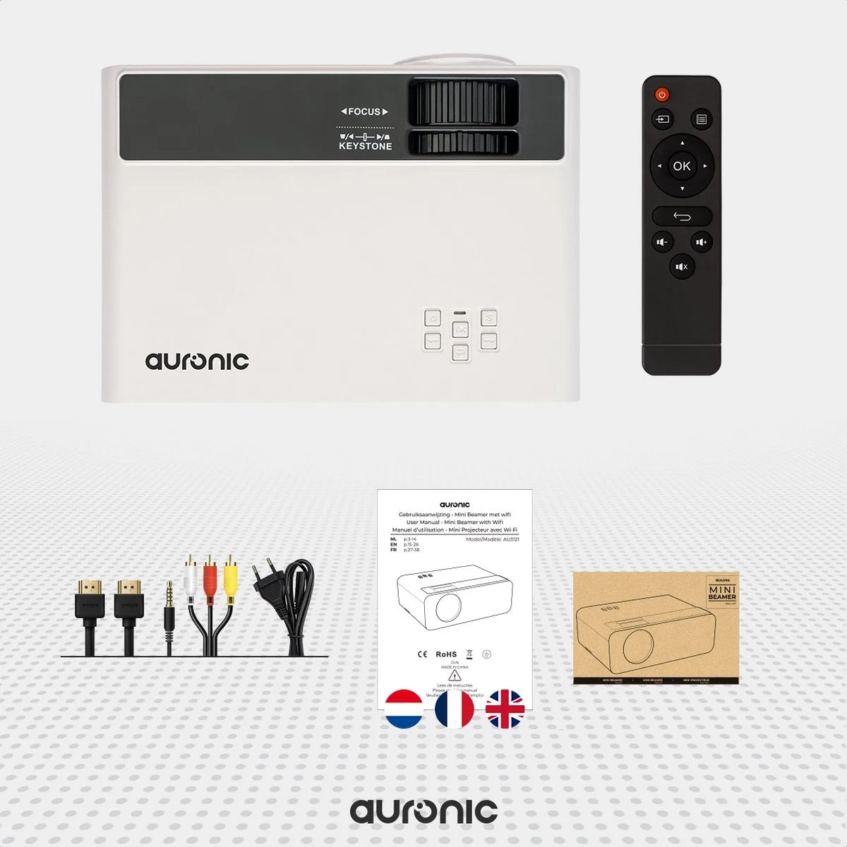 Auronic Mini Beamer - 4500 Lumen - WiFi - 200-Zoll-Projektor - HD ready - HDMI-Kabel, Fernbedienung und Tragetasche - Weiß