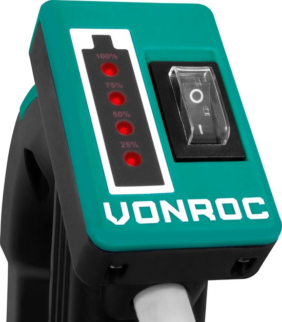 VONROC Regenfasspumpe 12V mit Akku - 50W - 1500 lt/h - mit Trockenlaufschutz - Universal-Gartenschlauchanschluss - inklusive Akku und Ladegerät