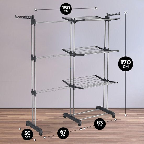 Vonia Trockenturm - Wäscheständer - Wäscheständer - Wäscheturm doppelt - 3 Lagen - faltbar - 150 x 50 x 171 cm - Grau
