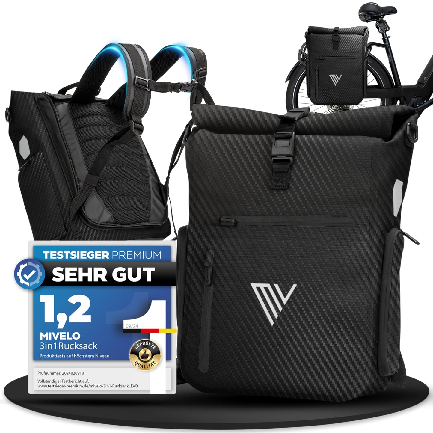 MIVELO - EVO - 25L - 3-in-1-Fahrradtasche für den Gepäckträger – 100 % wasserdicht – Schwarz Carbon