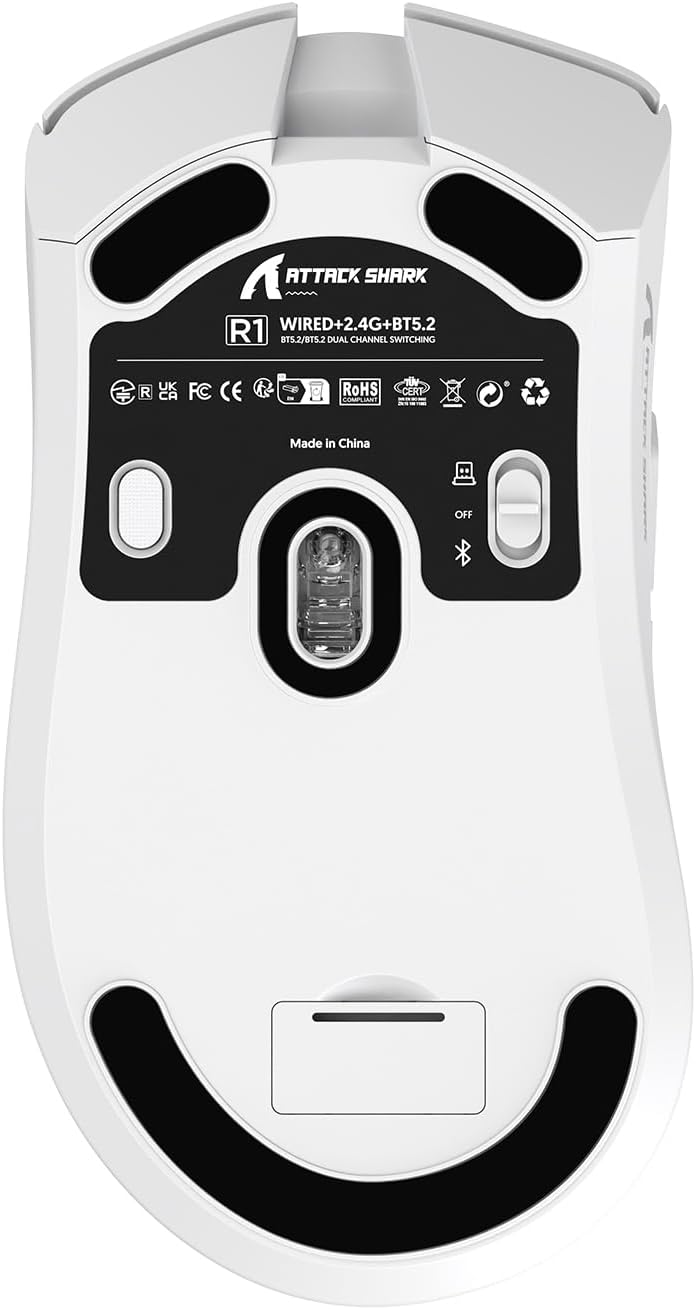 ATTACK SHARK R1 Superlight Gaming Mouse - 59g - 12,2 × 6,4 × 3,8cm - Kabellos & kabelgebunden - Bis zu 18.000 DPI - 65 Stunden Batterielaufzeit - Weiß