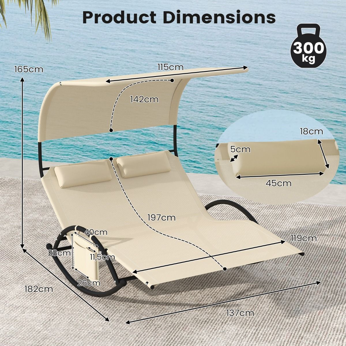 Coast Doppelschaukelstuhl – mit Sonnendach – inklusive Kissen – beige/grau/schwarz/braun