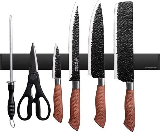 KitchenMonsterÂ¬Ã† Messer Magnet Messerblock 40 cm - Magnetischer Messerhalter Inklusive Klebeband (3M) und Schraubbefestigung - Messer Magnetstreifen Edelstahl Schwarz