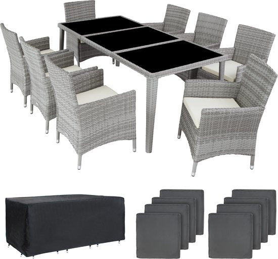 tectake - Aluminium-Geflecht-Gartenmöbel-Set 8 Stühle mit Tisch mit Glasplatte, inkl. 2 Kissen-Sets und Schutzhülle, wetterfeste Balkonmöbel - grau - Poly-Rattan