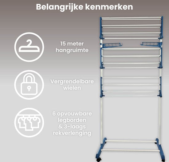 Shine Zusammenklappbarer Wäscheständer mit 3 Etagen und Rädern - Trockenturm - Wäscheständer mit 18 Stangen und 2 Haken - Edelstahl - Verstärktes ABS - 15 Meter Wäscheleine