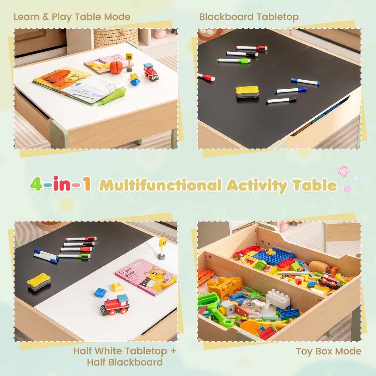 Coast 3-teilige Kindersitzgruppe – 4-in-1-Kindertisch mit 2 Stühlen und Stauraum – grün