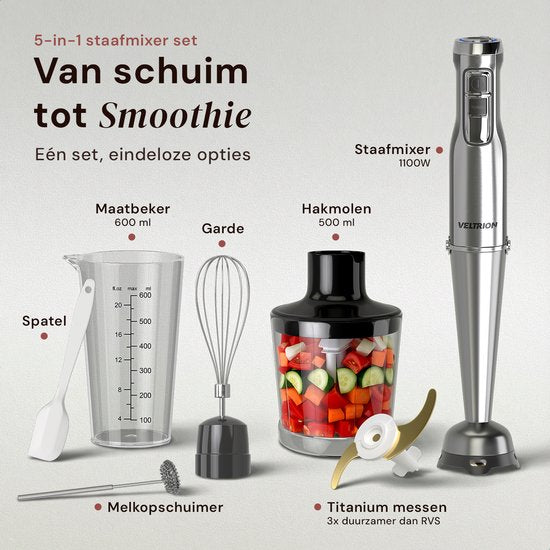 Stabmixer PRO 6-in-1-Set – 1100 W – Titan-Klingen – Kostenloser Spatel – Turbo-Funktion – Inkl. Zerkleinerer, Schneebesen, Milchaufschäumer und Messbecher – PFAS-frei