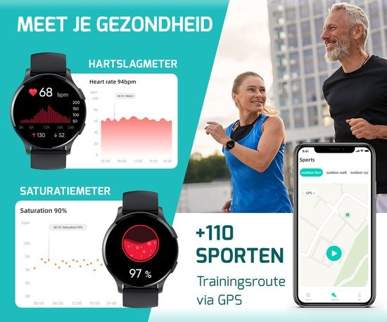 FITAGE Sportuhr - Smartwatch - Schrittzähler Uhr - Smartwatches - Activity Tracker - GPS - Frauen und Männer - Schwarz