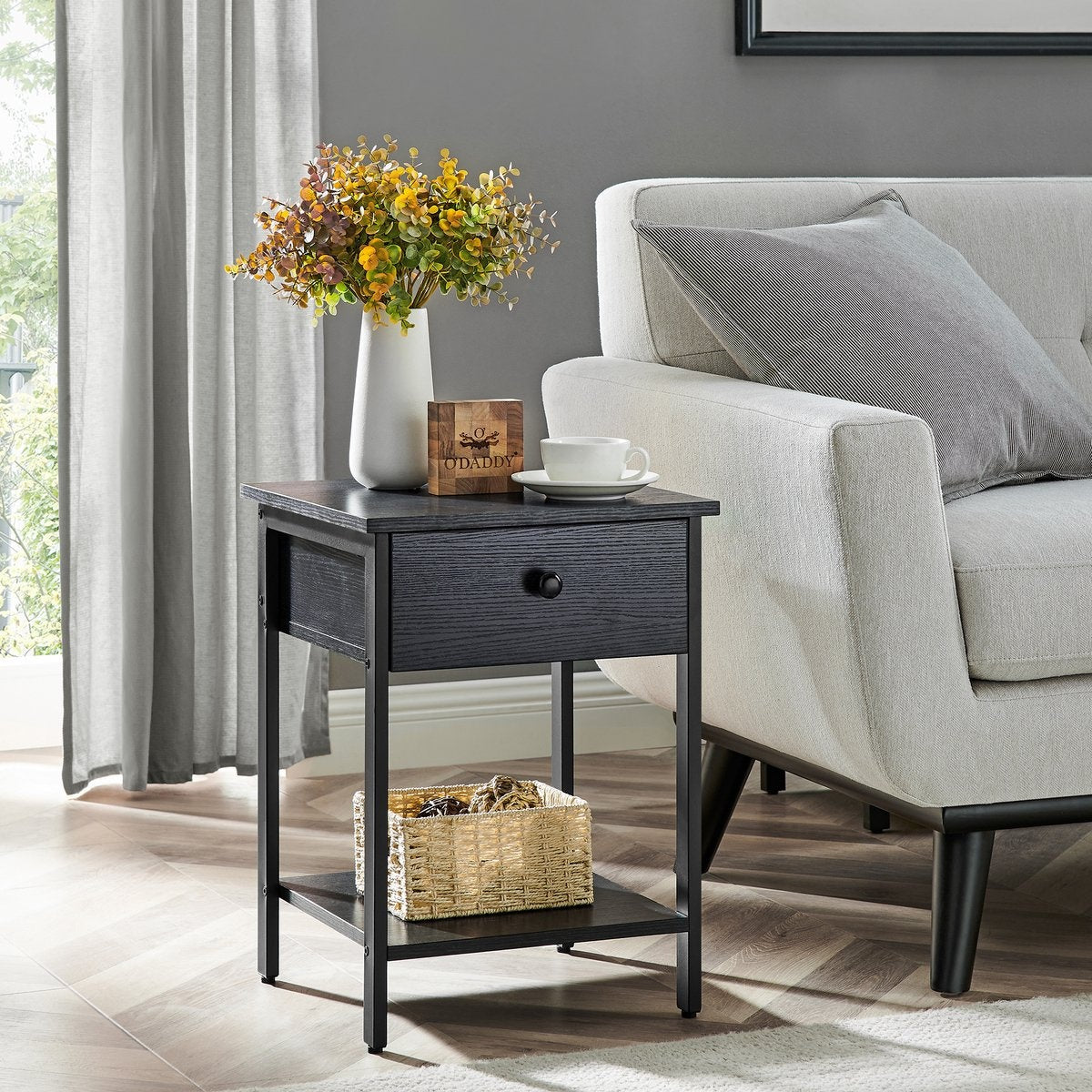 O'DADDYÂ® Nachttische industrial - Beistelltisch - Nachttisch mit Schublade - 40 x 40 x 55 cm - schwarz/dunkelgrau