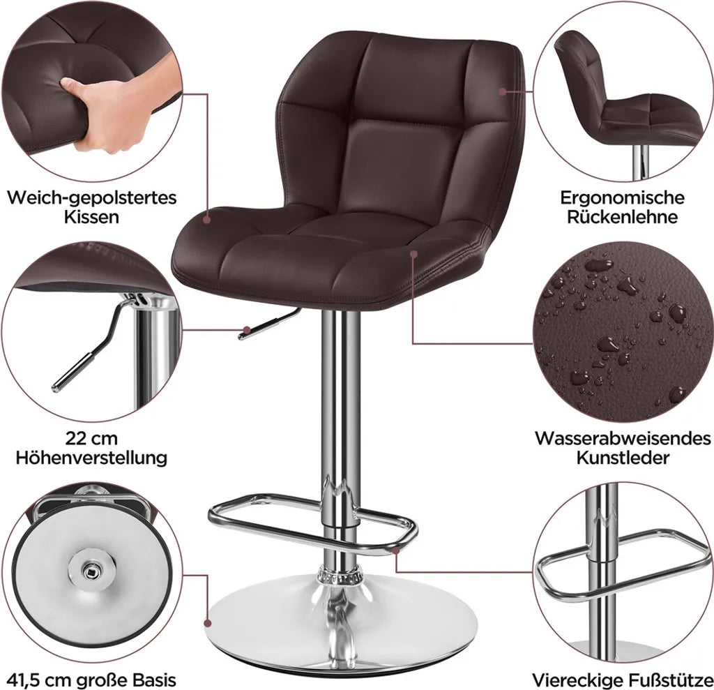 Yaheetech Barhocker-Set, 2er-Set – Braun – Verstellbare, um 360° drehbare Barhocker mit Rückenlehne und Fußstütze