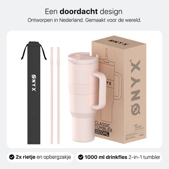 ONYX Trinkflasche mit Strohhalm 1 Liter - Wasserflasche für Kinder & Erwachsene - Thermosbecher Edelstahl Reisebecher - Motivations-Trinkbecher - Trinkbecher für die Schule - Candy Pink