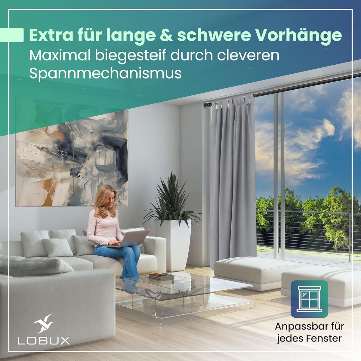LOBUX - Gardinenstange ohne Bohren – Teleskopstange Vorhang ausziehbar - 210-300cm - schwarz