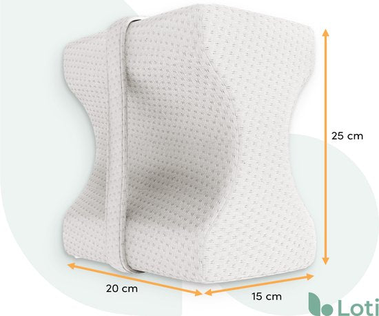 Loti Kniekissen fürs Bett - Orthopädisches Kniekissen mit Gurt - Ergonomisches Beinkissen - Haltungskorrektur - Seitenschläferkissen - Memory Foam - Seitenschläfer - Beinkissen - Sandschläfer