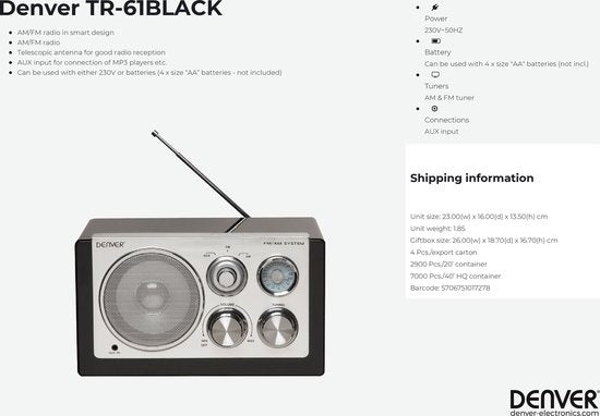 Denver Tragbares FM-Radio - Retro - Batterie- oder Netzbetrieb - Küchenradio - AM - FM - TR61 - Schwarz