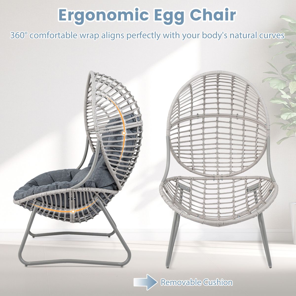 Coast Rattan-Liegestuhl – eiförmiges Design – abnehmbare Kissen – grau
