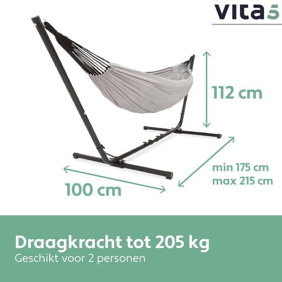 Vita5 Hängematte mit Ständer - 2 Personen - Verstellbare Länge - Inkl. Tragetasche - Gewicht 205 kg - Grau