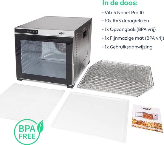 Vita5 Nobel PRO 10 Dörrgerät - Trockenschrank - Edelstahl - 24-Stunden-Timer - LED-Bedienfeld - Dörrgerät - 10 Schichten