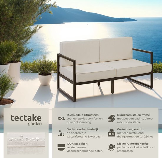 tectake® - Garten-Lounge-Sofa Comosa - Platz für 2 Personen - Gartenbank - 2-Sitzer Lounge-Sofa - Wasserabweisende und ultradicke Sitz- und Rückenkissen - Belastbarkeit 125kg pro Sitz - Braun/Beige