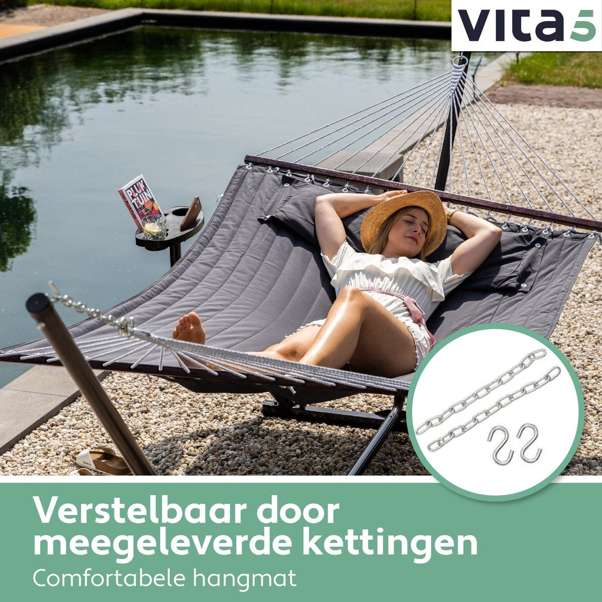 Vita5 Hängematte mit Ständer und Spreizstange - 2 Personen - inkl. Getränkehalter - abnehmbares Kissen - UV-beständig - Dunkelgrau