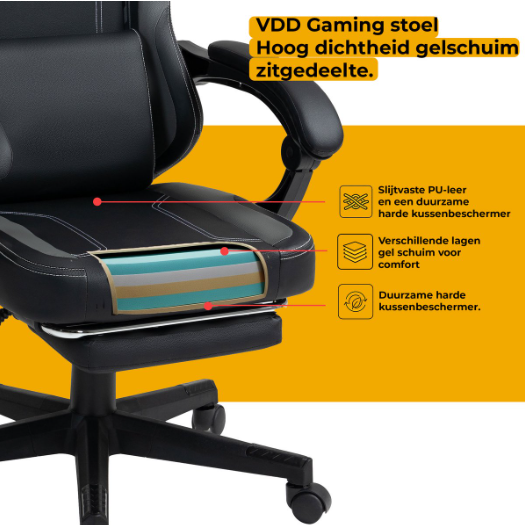 VDD Gaming-Gaming-Stuhl mit Massagefunktion – Schwarz/Grau – 70 x 70 x 125 cm – Verstellbar, Fußstütze, 150 kg