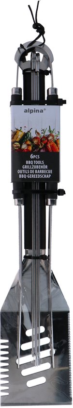 alpina BBQ Tools Set - 6-teiliges Grillset mit Spatel, Grillzange und Fleischgabel - Inklusive 4 Spieße - Edelstahl - Ideal zum Grillen von Fleisch und Gemüse