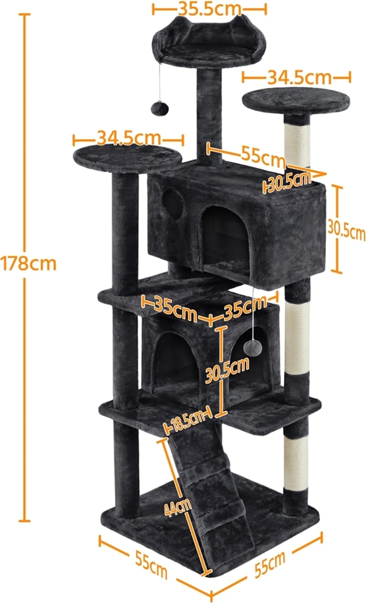 Yaheetech Kratzbaum mit 2 Höhlen – 178 cm hoch – 54 x 54 cm – Schwarz