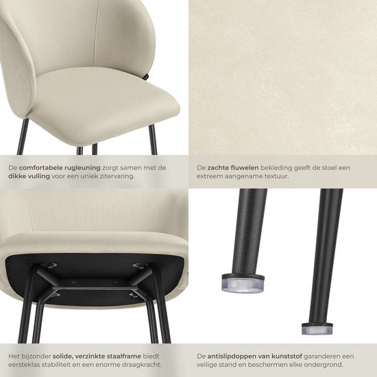 tectake® - 2er Set Barhocker Luana - Gepolsterter Barhocker mit Rückenlehne - Barhocker mit Fußstütze - Esszimmerstuhl mit Samtpolsterung - Stabile Stahlbeine mit rutschfestem Bodenschutz - Creme/Schwarz