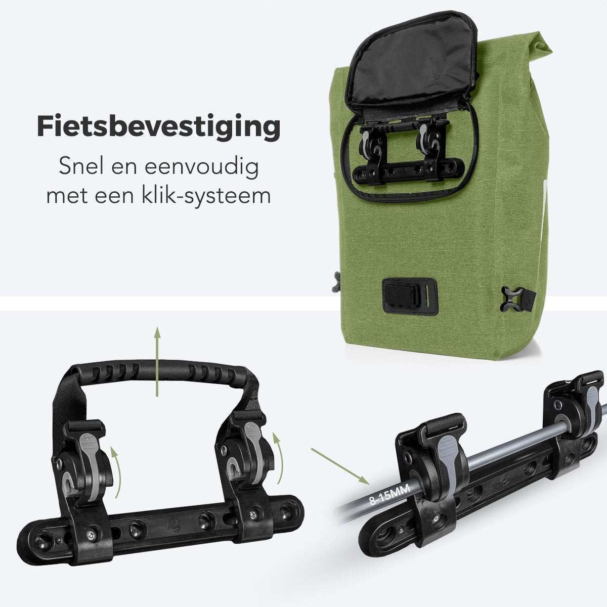 LifeGoods Single Bicycle Bag - Kompakt - Umhängetasche und Rucksack - 25L - Runder Gepäckträger - Wasserdicht - Olivgrün