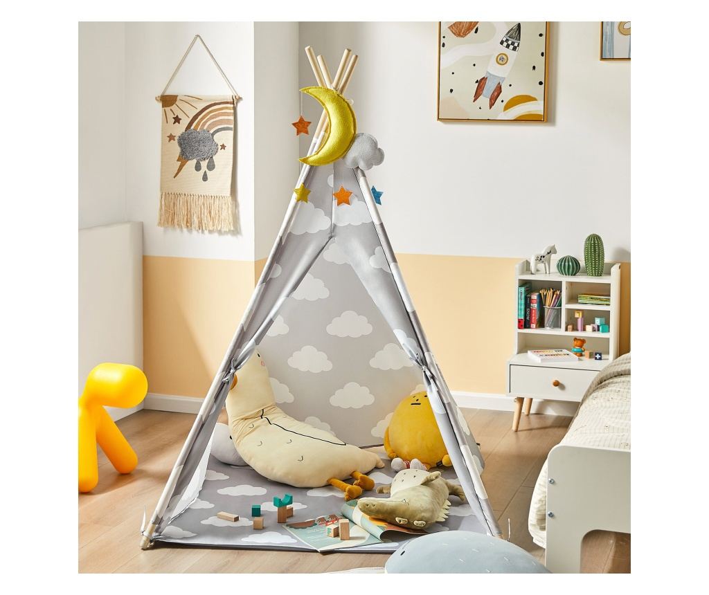 SoBuy Kinder-Tipi-Spielzelt mit Bodenmatte – Indianer-Spielzelt für Kinder – 118 x 118 x 160 cm