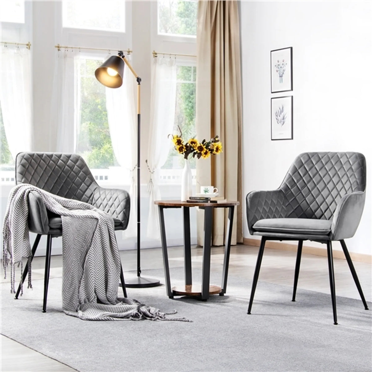 Yaheetech Esszimmerstühle, 2er-Set – Hellgrau – Samt – Mit Armlehnen – 120 kg – 57,5 x 58 x 86,5 cm