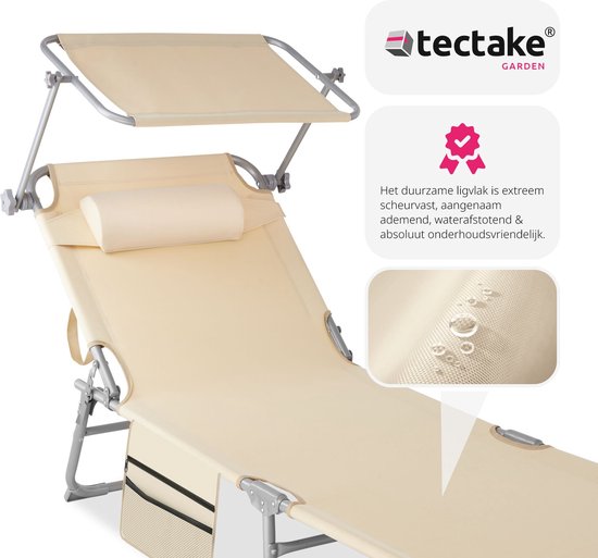 tectake - Sonnenliege Sonnenliege - 4 Positionen, klappbar - beige - 68 x 190 x 28 cm, mit Seitentasche