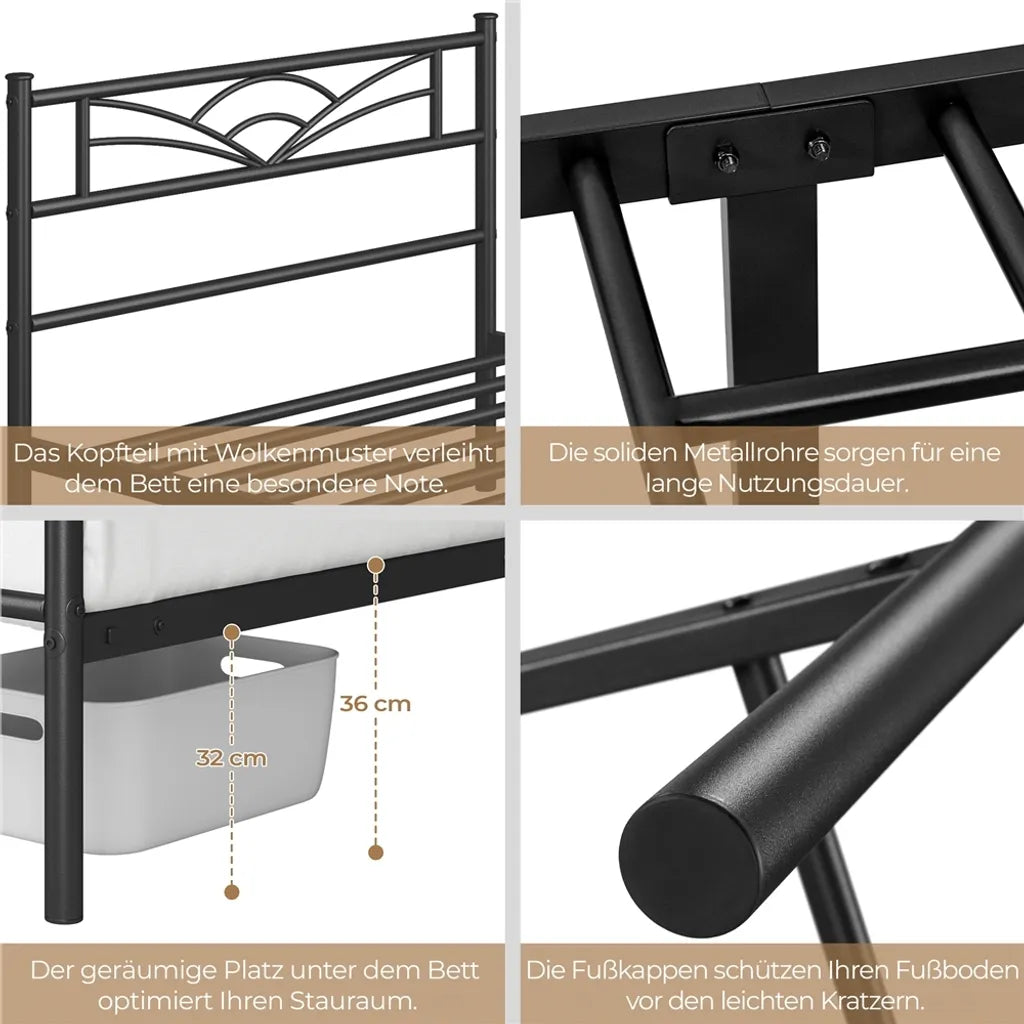 Yaheetech Metallbettgestell 90 x 200 cm – Schwarz – Mit Kopfteil mit Wolkenmuster