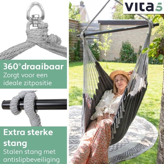 Vita5 XXL Hängesessel | Indoor/Outdoor Hängenest | Inkl. 2 Kissen und Buchbox | Erwachsene & Kinder | Hängesessel bis zu 200kg | Dunkelgrau