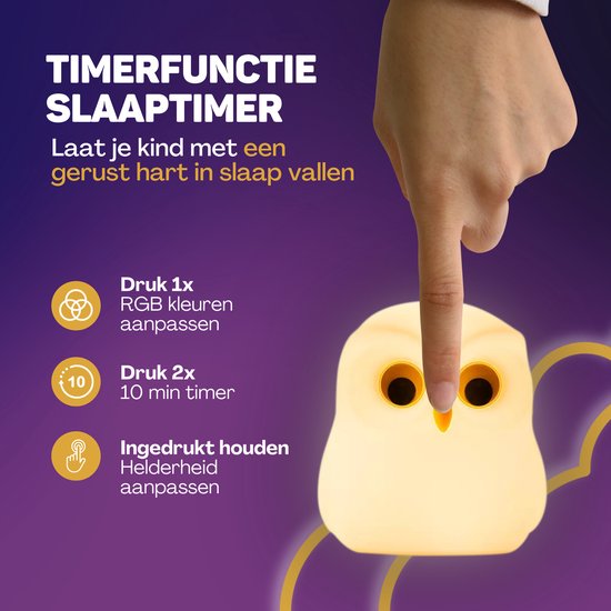 Vulpes Goods® Kinder-Nachtlicht - 8 LED-Farben & Weiß - Babyzimmer-Nachtlicht - Eule - USB wiederaufladbar - Dimmer - Timer - Kabellos - Kinderfreundlich
