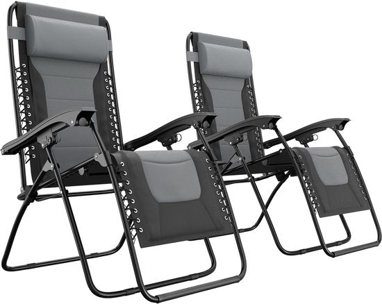 LifeGoods Liegestühle Komfort - klappbar - 30°-90° verstellbar - Tassen- und Telefonhalter - Gartenstühle - Schwarz/Grau