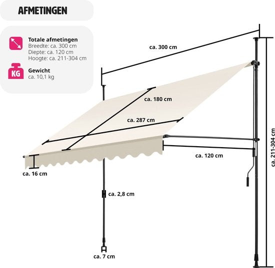 tectake - Klemmmarkise - Sonnenschirm - Markise - Verstellbar - Klemmmarkise - Sonnenschirm Balkon - 300 x 180 cm - beige - Markise - 404963