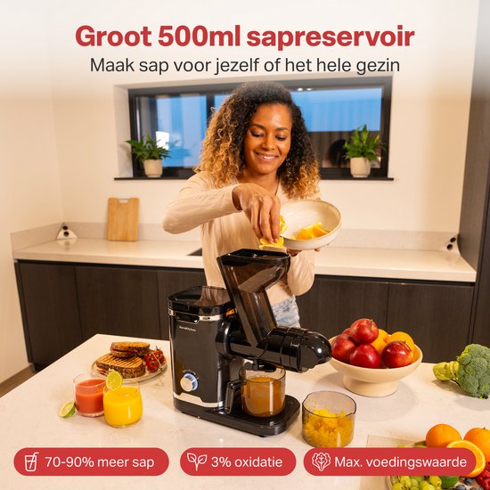 AoraKitchen Slowjuicer - mit Rücklauffunktion - Entsafter - 500 ML - Entsafter - für Gemüse und Obst - Obstpresse - Schwarz