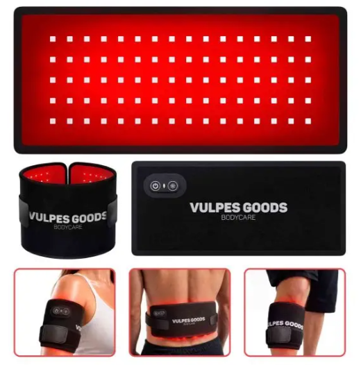 Vulpes Goods® - Tragbares Infrarotband Pro V2 - 35 x 15 cm - mit 80 LEDs und 3 Dimmstufen und wiederaufladbarem 2000mAh-Akku und Timer - für Rücken und Schultern und Arme - schwarzer Kunststoff und Textil