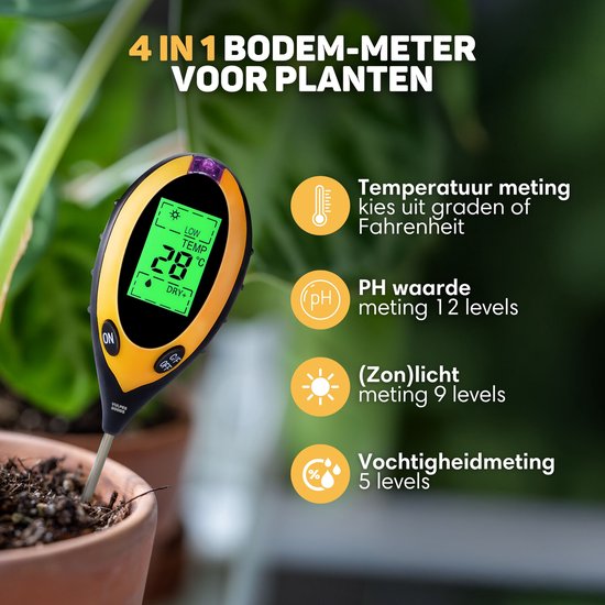 Vulpes Goods® Feuchtemessgerät für Pflanzen - 4-in-1 - Feuchtemessgerät - Innen und Außen - Hygrometer für Zimmerpflanzen - - pH, Lichtmessgerät, Temperaturmessgerät und Feuchtemessgerät - Bodenfeuchtemessgerät - PRO Version - inkl. Batterie