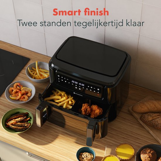 KitchenBrothers Airfryer XXL Dual Zone - 9L - 2400W - Heißluftfritteuse - Snack-Teiler - 50ºC bis 200ºC - 10 Kochprogramme - Schwarz