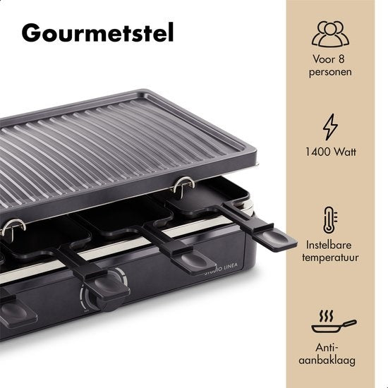 Studio Linea SLGRILL30BK Gourmet-Set - 8 Personen - 1400 W - Gourmet-Pfännchen und Gourmet-Platte mit Antihaftbeschichtung - Raclette