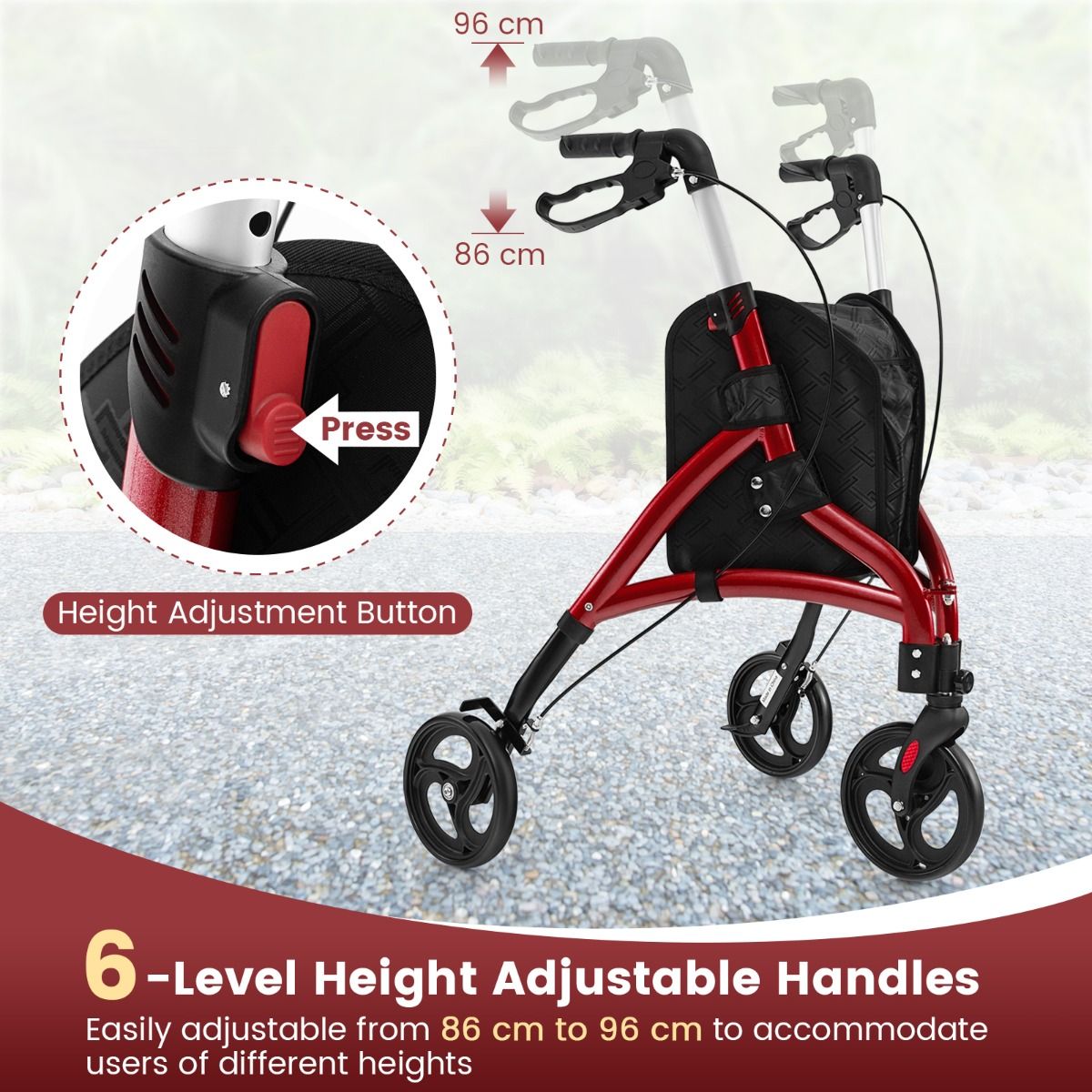 coast walker for seniors - Faltbarer Rollator Rot - Aluminiumrahmen - 78x67.5x86-96 cm - 20 cm Räder